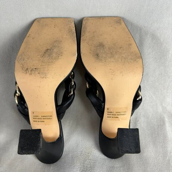 Chunky High Heels Black Braided Gold Square Toe Flare Heel Vegan Leather Size 7 - Picture 5 of 5